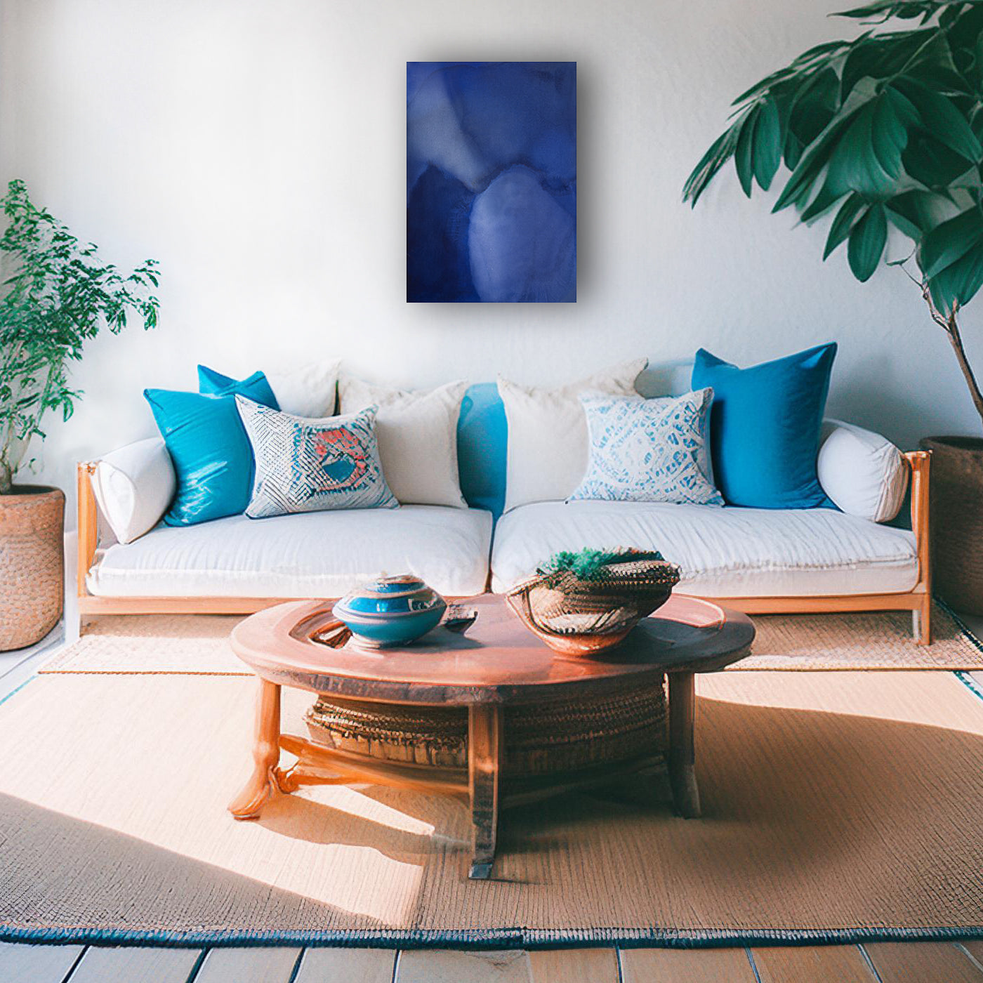 A blue abstract painting hangs above a white couch covered in white and blue cushions