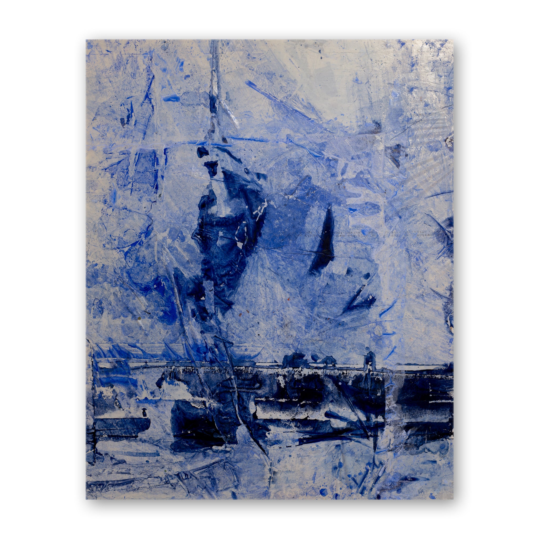A blue abstract painting on a garbage bag