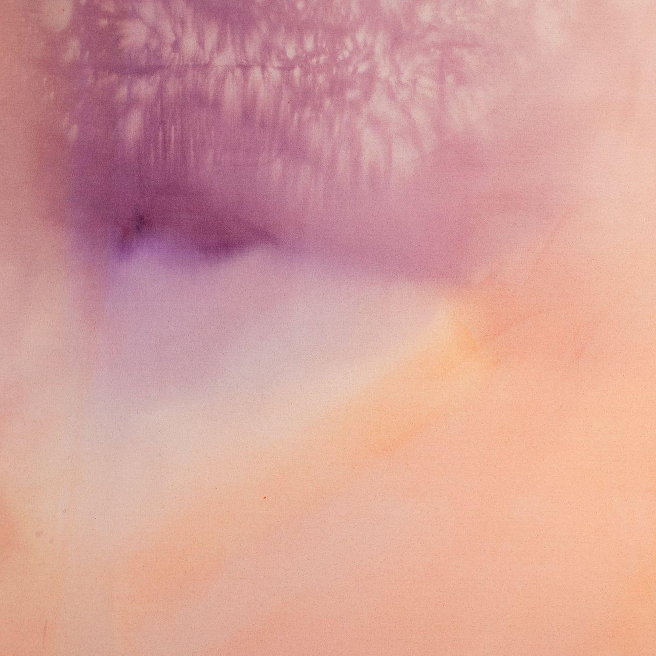 Abstract painting in acrylic washes of purple, yellow, and pink.