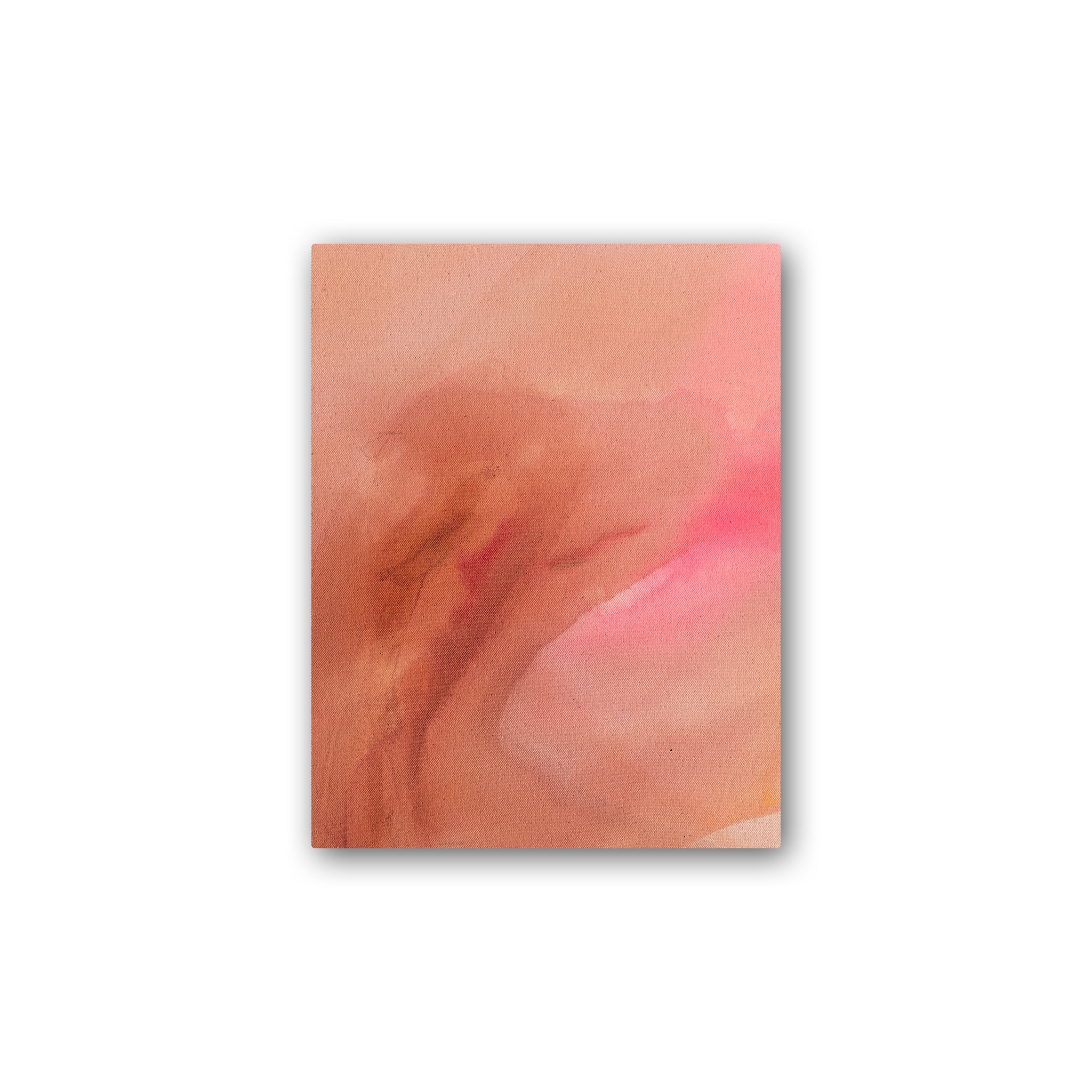 A small abstract painting made with swirling washes of pink and orange paint and pencil markings.